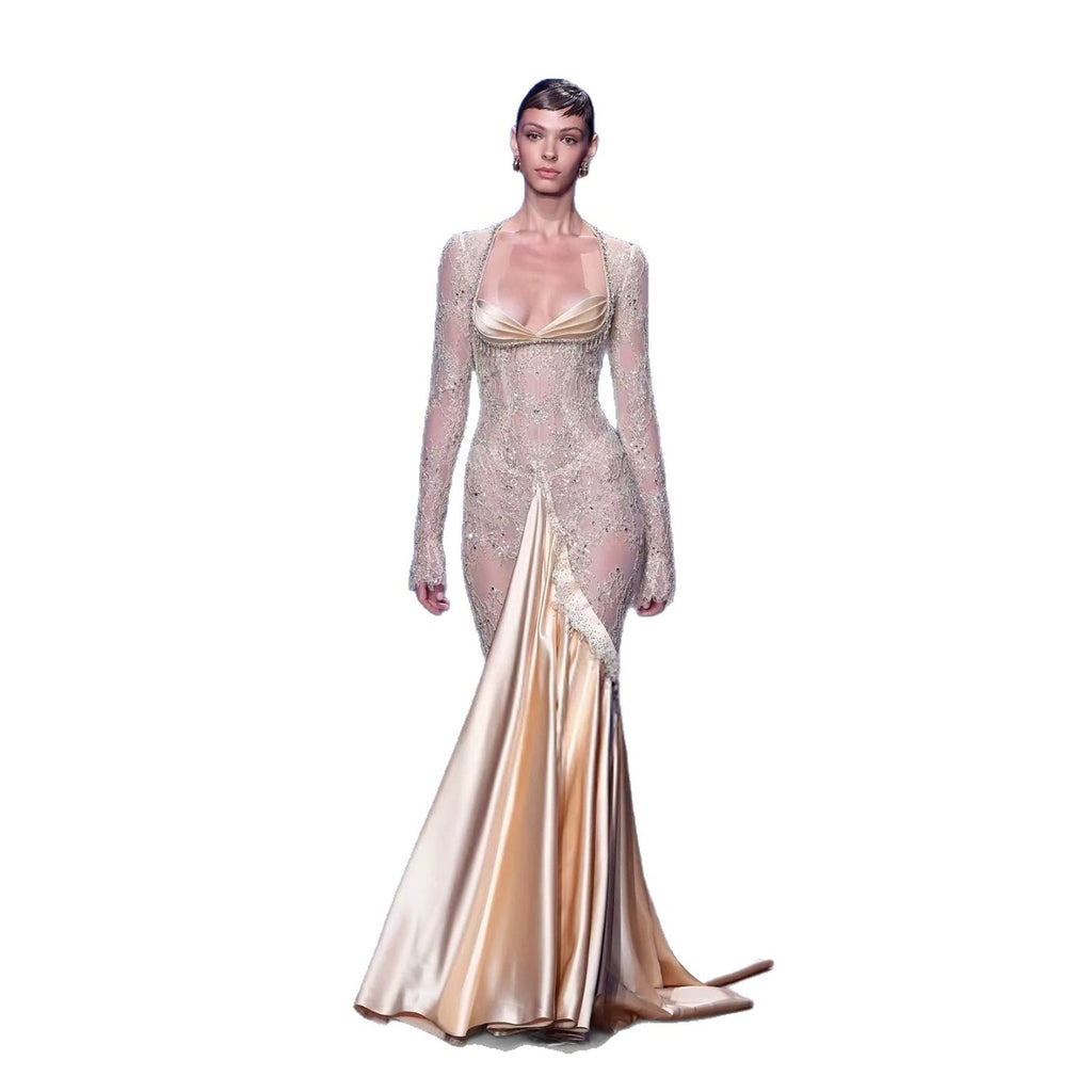 Luxury Champagne Long Sleeves Beaded Satin Mermaid Evening Dress LA73881