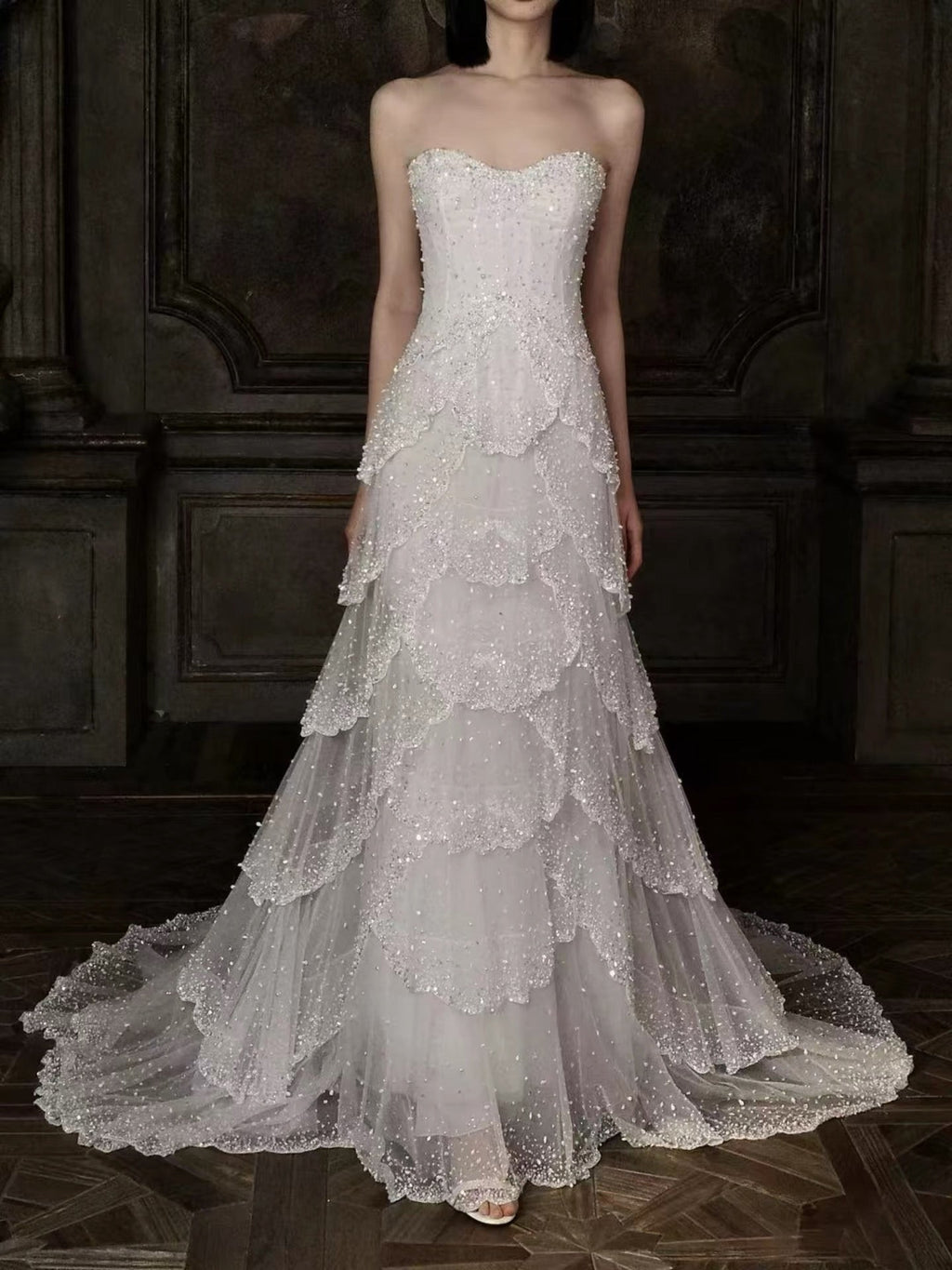 Luxury White Strapless Beaded Tiered Mermaid Wedding Dress LA73883