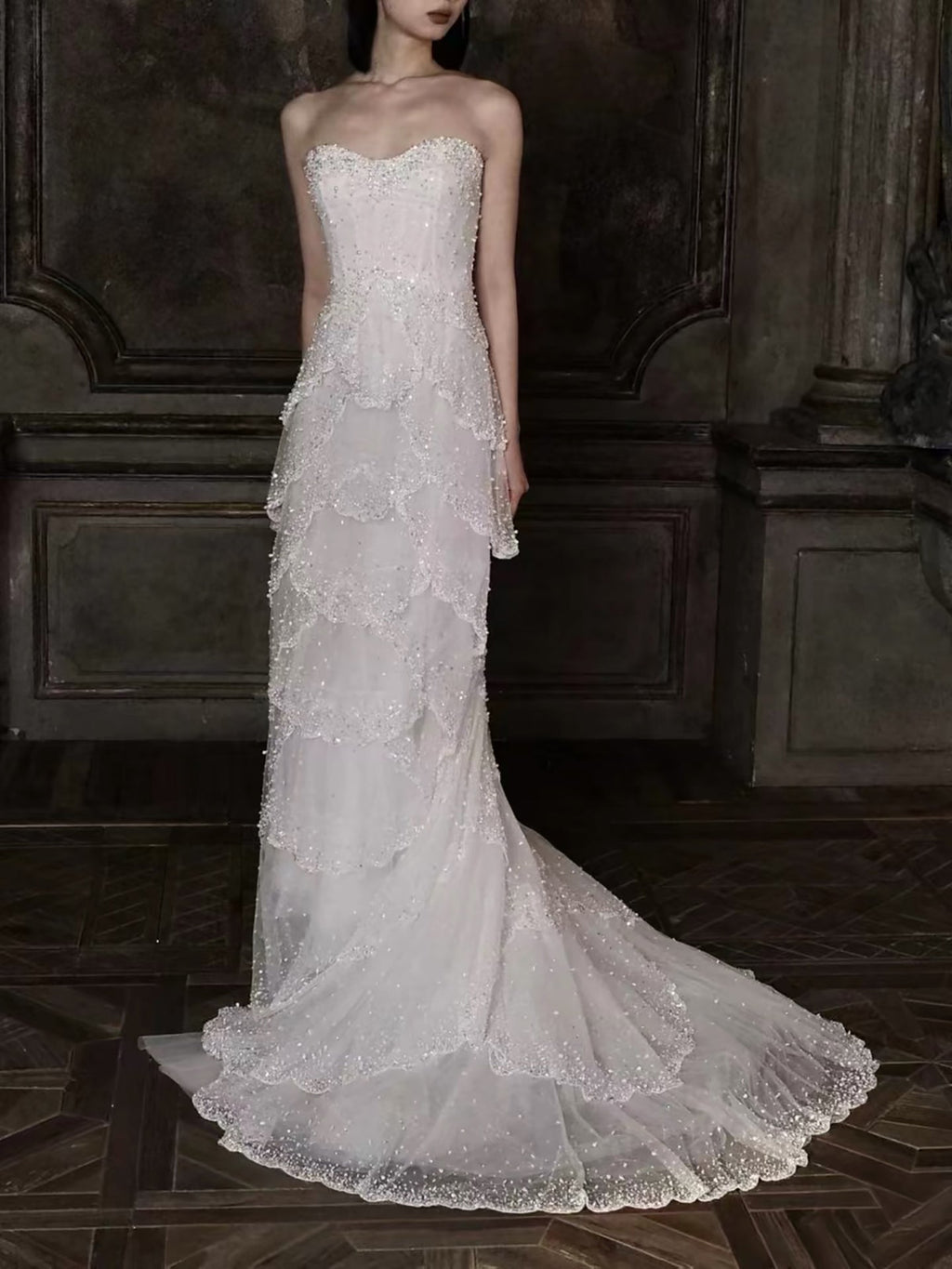 Luxury White Strapless Beaded Tiered Mermaid Wedding Dress LA73883