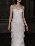 Luxury White Strapless Beaded Tiered Mermaid Wedding Dress LA73883