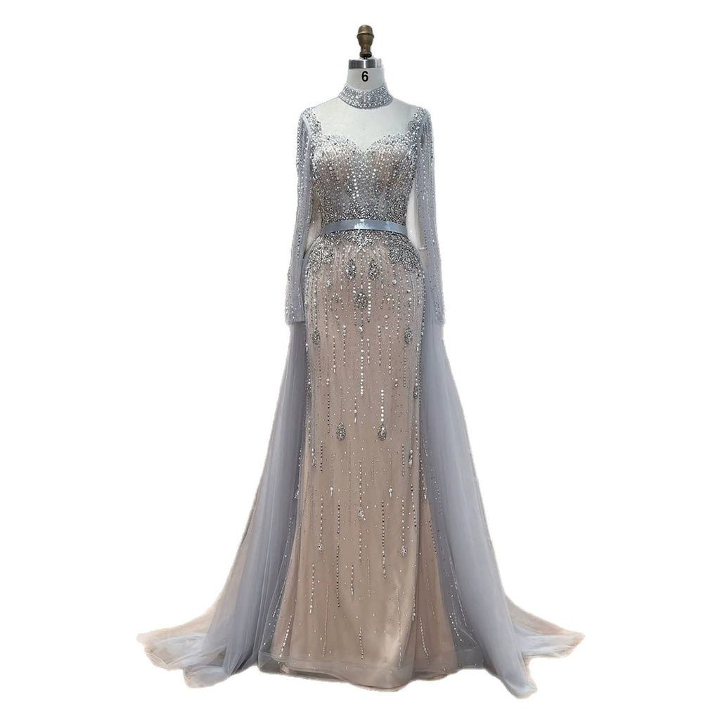 Luxury Gray Nude Pearls Beaded Mermaid Evening Dress Overskirt LA73884