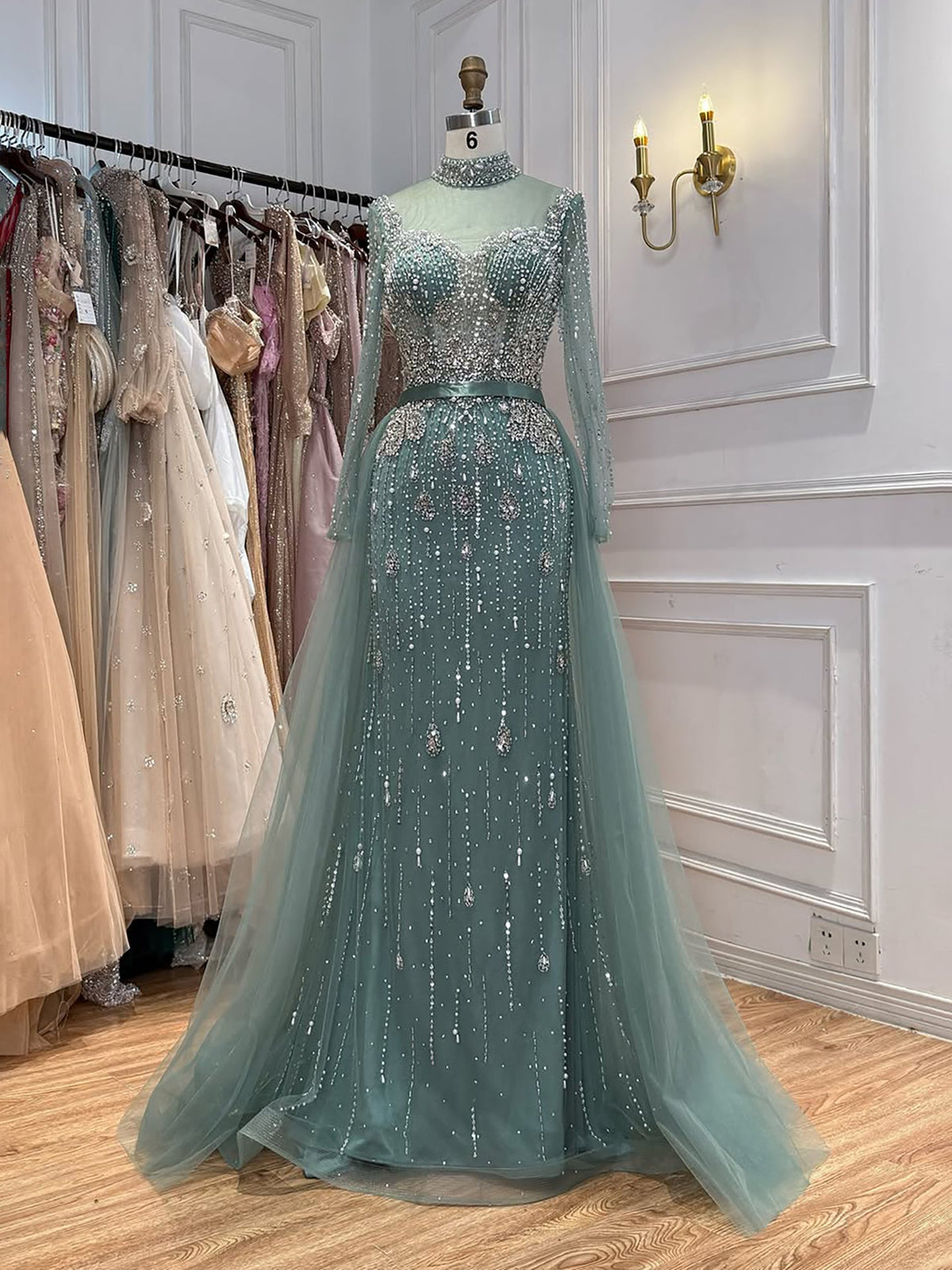 Luxury Gray Nude Pearls Beaded Mermaid Evening Dress Overskirt LA73884