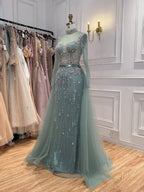 Luxury Gray Nude Pearls Beaded Mermaid Evening Dress Overskirt LA73884