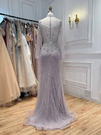 Luxury Gray Nude Pearls Beaded Mermaid Evening Dress Overskirt LA73884