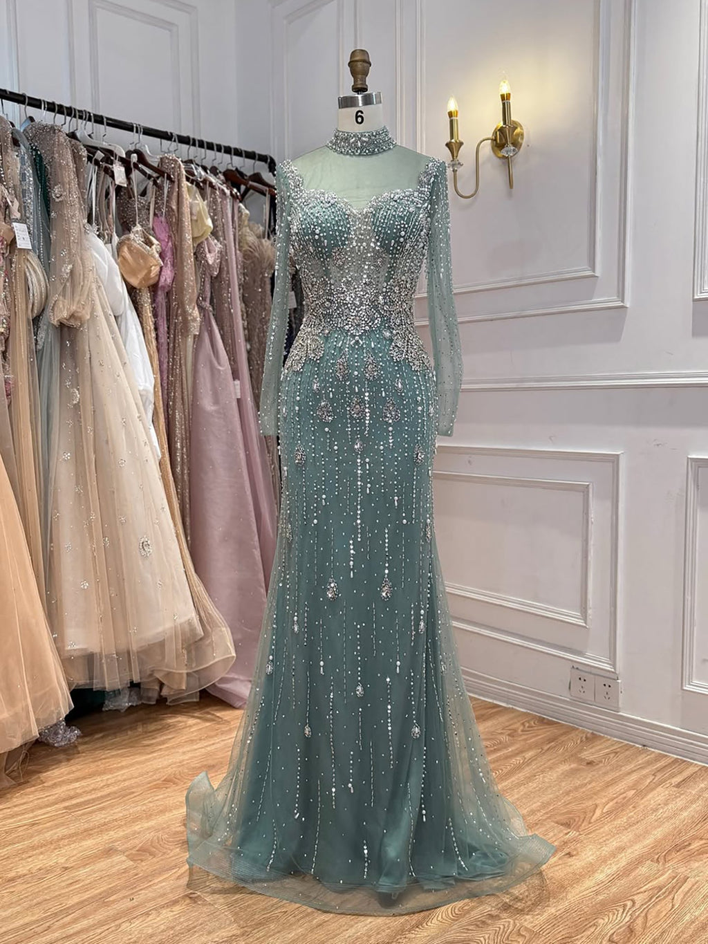 Luxury Gray Nude Pearls Beaded Mermaid Evening Dress Overskirt LA73884