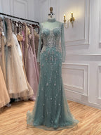 Luxury Gray Nude Pearls Beaded Mermaid Evening Dress Overskirt LA73884