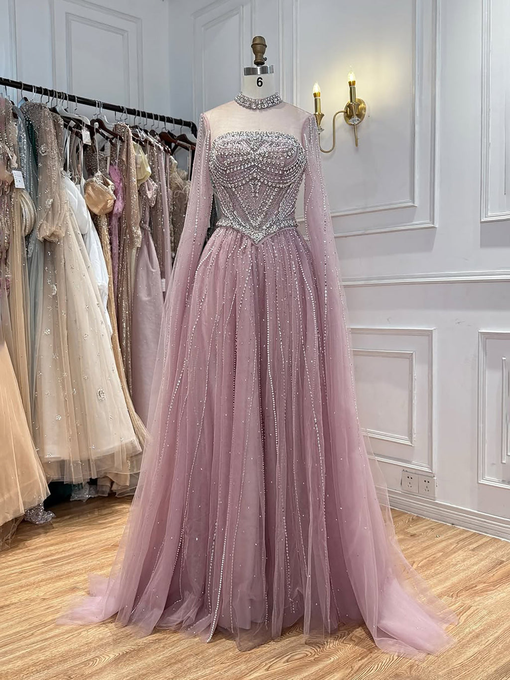 Luxury Pink High Neck Crystal Beaded A Line Evening Dress LA73885