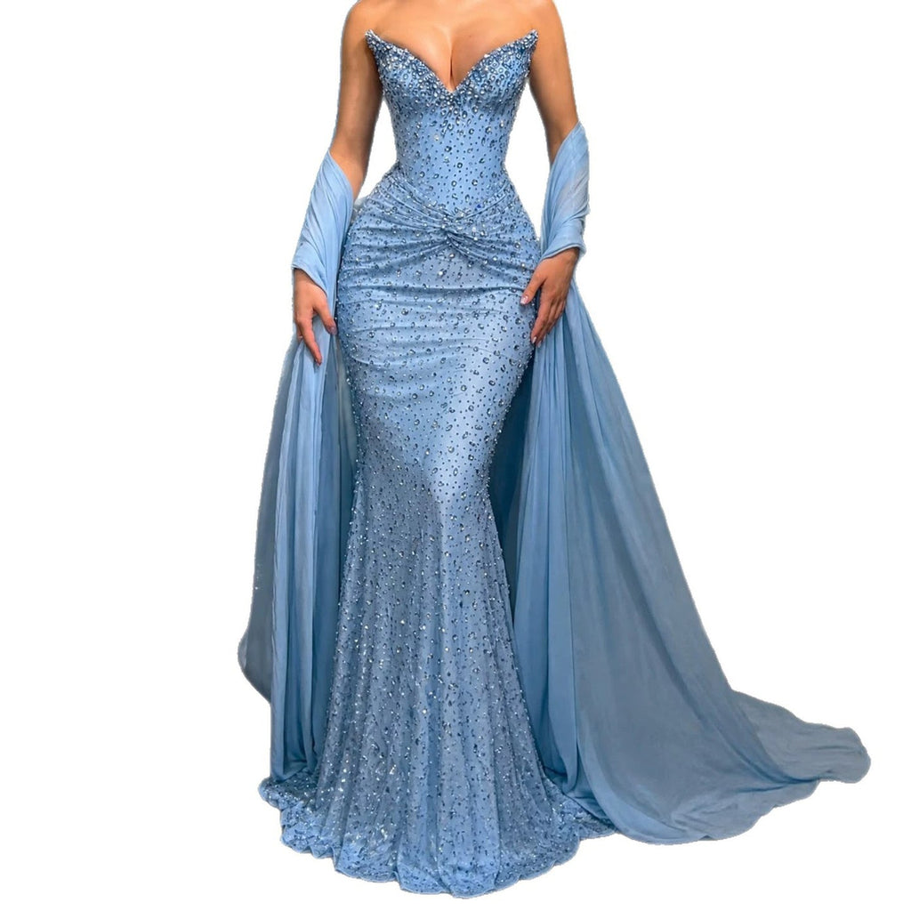 Luxury Blue Sweetheart Beaded Mermaid Evening Dress LA73886