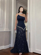 Luxury Navy Blue One Shoulder Pearl Beaded Mermaid Evening Dress LA73888