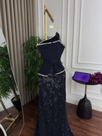 Luxury Navy Blue One Shoulder Pearl Beaded Mermaid Evening Dress LA73888