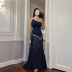 Luxury Navy Blue One Shoulder Pearl Beaded Mermaid Evening Dress LA73888