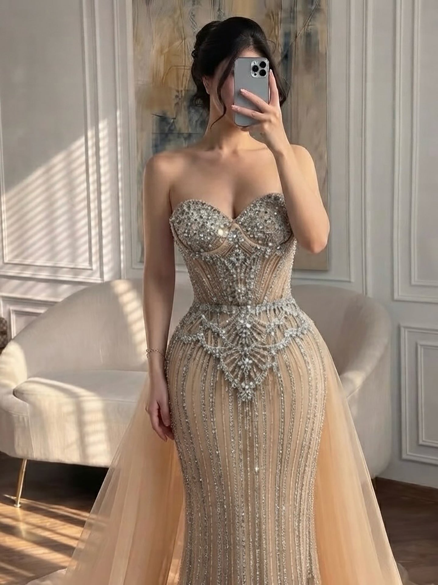Luxury Nude Crystal Beaded Mermaid Dress With Overskirt LA73891