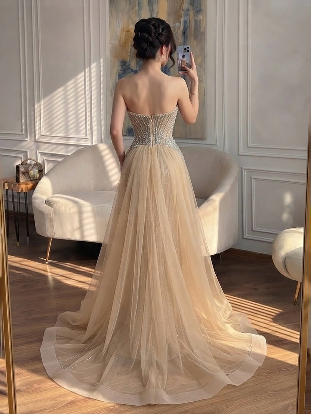 Luxury Nude Crystal Beaded Mermaid Dress With Overskirt LA73891