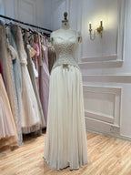 Luxury Beige Pearls Beaded Cap Sleeves A-Line Evening Dress LA73893