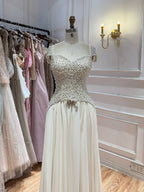 Luxury Beige Pearls Beaded Cap Sleeves A-Line Evening Dress LA73893