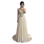Luxury Beige Pearls Beaded Cap Sleeves A-Line Evening Dress LA73893