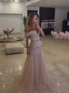 Luxury Pink Off the Shoulder Beaded Tassel A Line Evening Dress LA73894