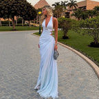 Luxury Light Blue Halter Cut Out Crystal Mermaid Evening Dress LA73895