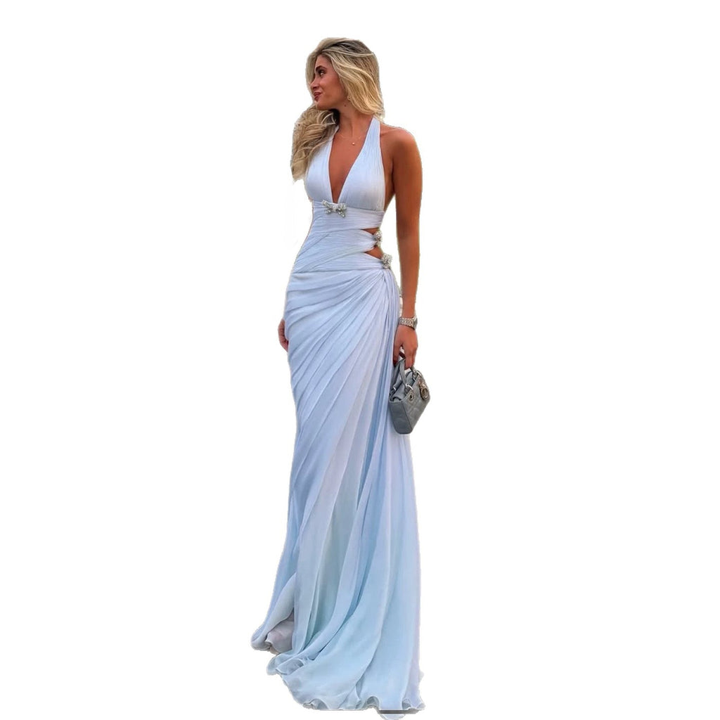 Luxury Light Blue Halter Cut Out Crystal Mermaid Evening Dress LA73895