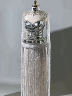 Luxury Silver High Neck Beaded Tassel Cape Evening Dress LA73896