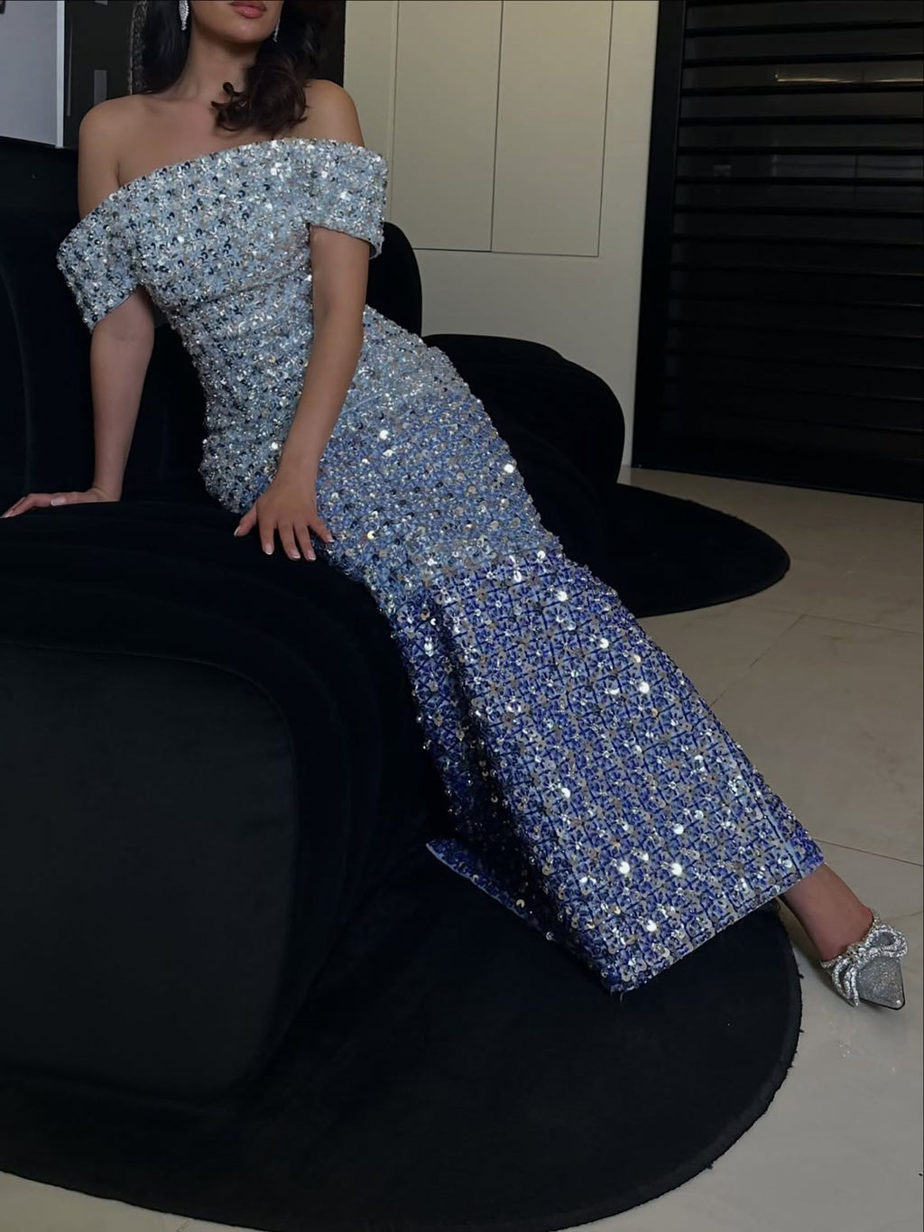 Luxury Blue Off Shoulder Sequined Beaded Mermaid Dress LA73897