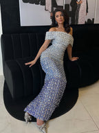 Luxury Blue Off Shoulder Sequined Beaded Mermaid Dress LA73897