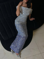 Luxury Blue Off Shoulder Sequined Beaded Mermaid Dress LA73897