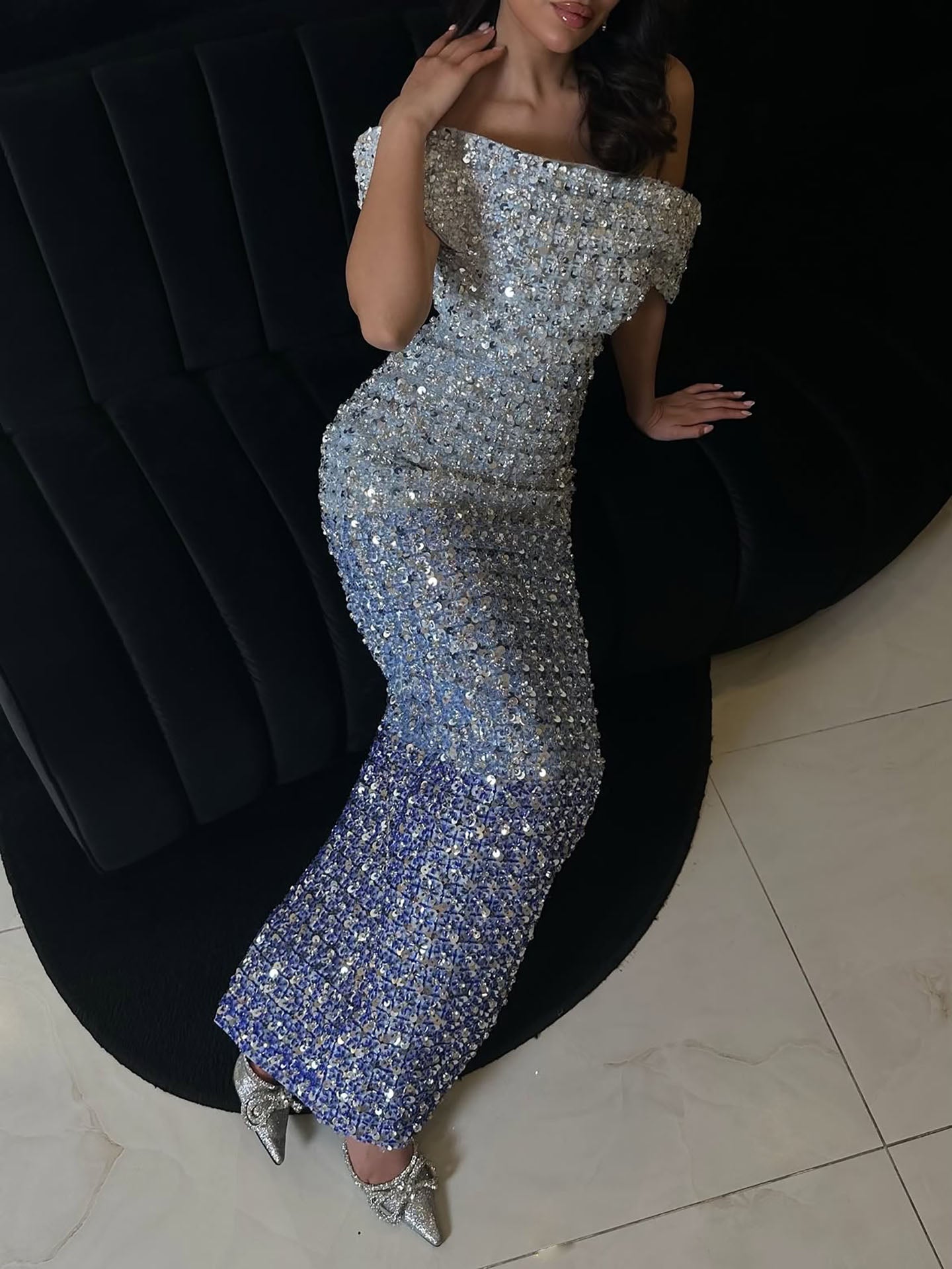 Luxury Blue Off Shoulder Sequined Beaded Mermaid Dress LA73897