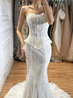 Luxury White Pearls Lace Beaded Mermaid Evening Dress LA73899