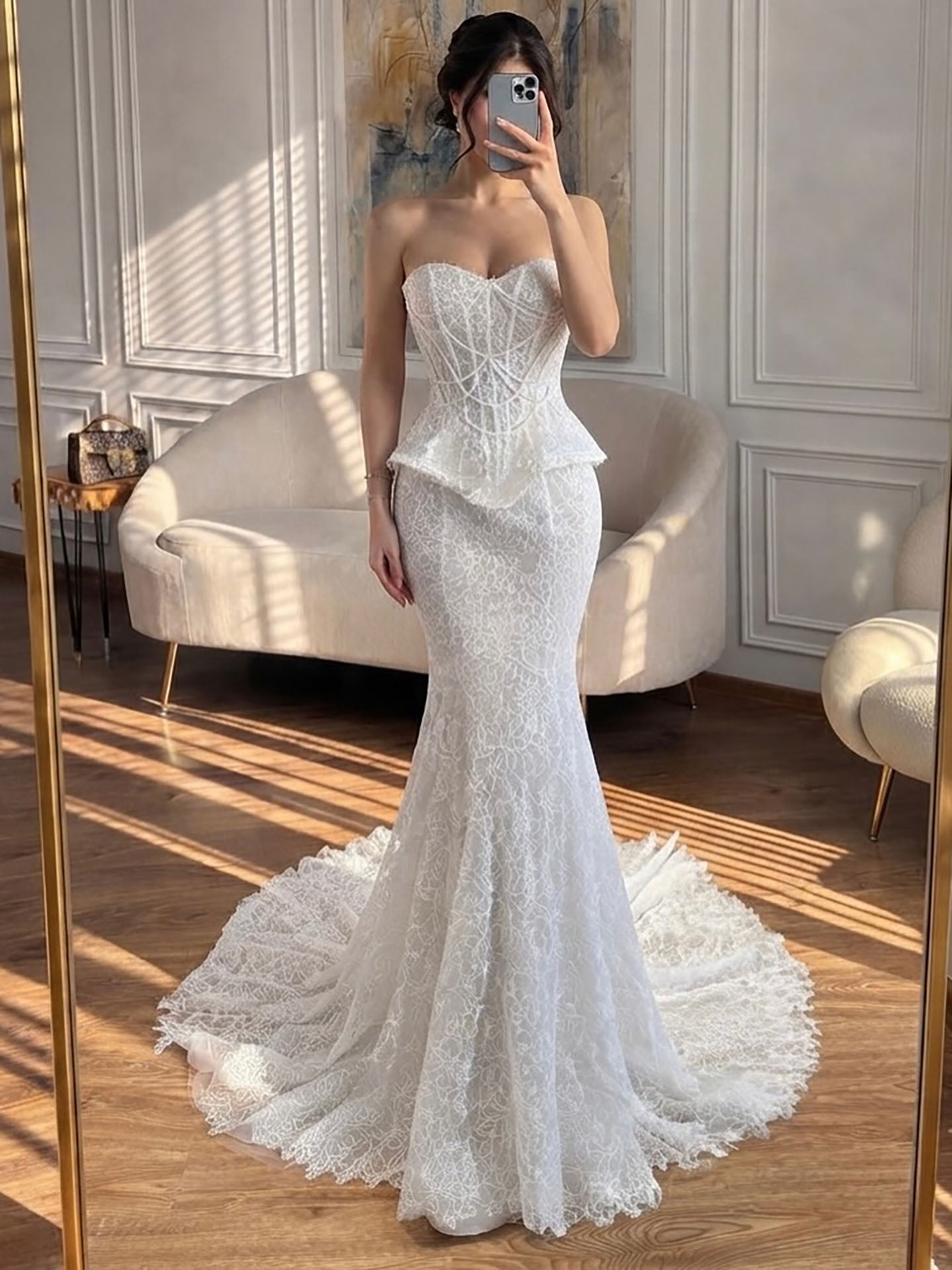 Luxury White Pearls Lace Beaded Mermaid Evening Dress LA73899