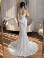 Luxury White Pearls Lace Beaded Mermaid Evening Dress LA73899