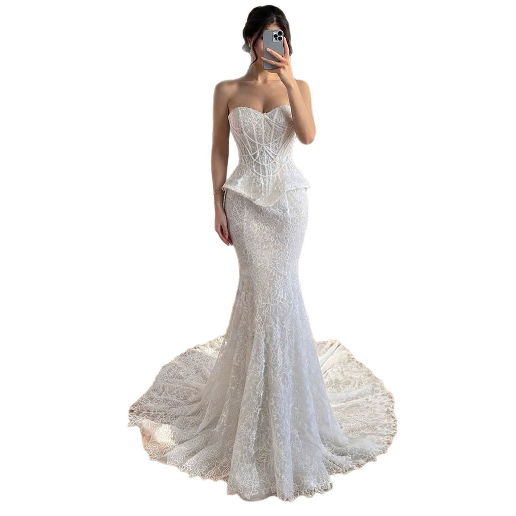 Luxury White Pearls Lace Beaded Mermaid Evening Dress LA73899