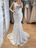 Luxury White Beaded Floral Lace Appliques Mermaid Wedding Dress LA73900