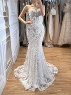 Luxury White Beaded Floral Lace Appliques Mermaid Wedding Dress LA73900