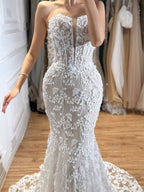 Luxury White Beaded Floral Lace Appliques Mermaid Wedding Dress LA73900