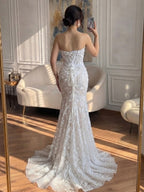 Luxury White Beaded Floral Lace Appliques Mermaid Wedding Dress LA73900