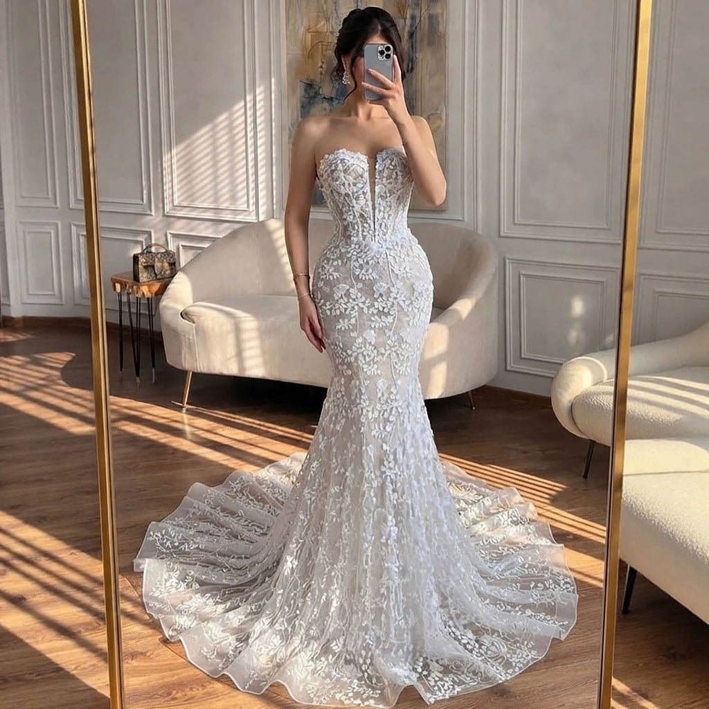 Luxury White Beaded Floral Lace Appliques Mermaid Wedding Dress LA73900