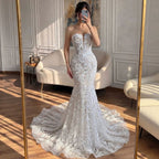 Luxury White Beaded Floral Lace Appliques Mermaid Wedding Dress LA73900