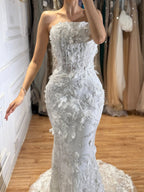 Luxury White 3D Floral Lace Strapless Mermaid Wedding Dress LA73901