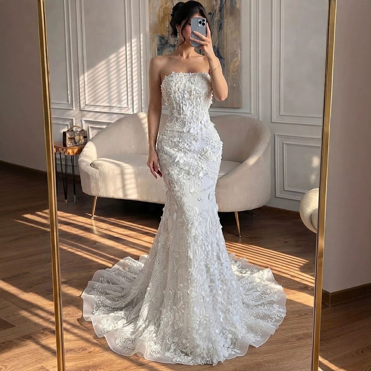 Luxury White 3D Floral Lace Strapless Mermaid Wedding Dress LA73901