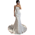 Luxury White 3D Floral Lace Strapless Mermaid Wedding Dress LA73901