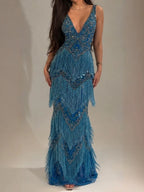 Luxury Blue Deep V Neck Beaded Tassel Mermaid Evening Dress LA73902