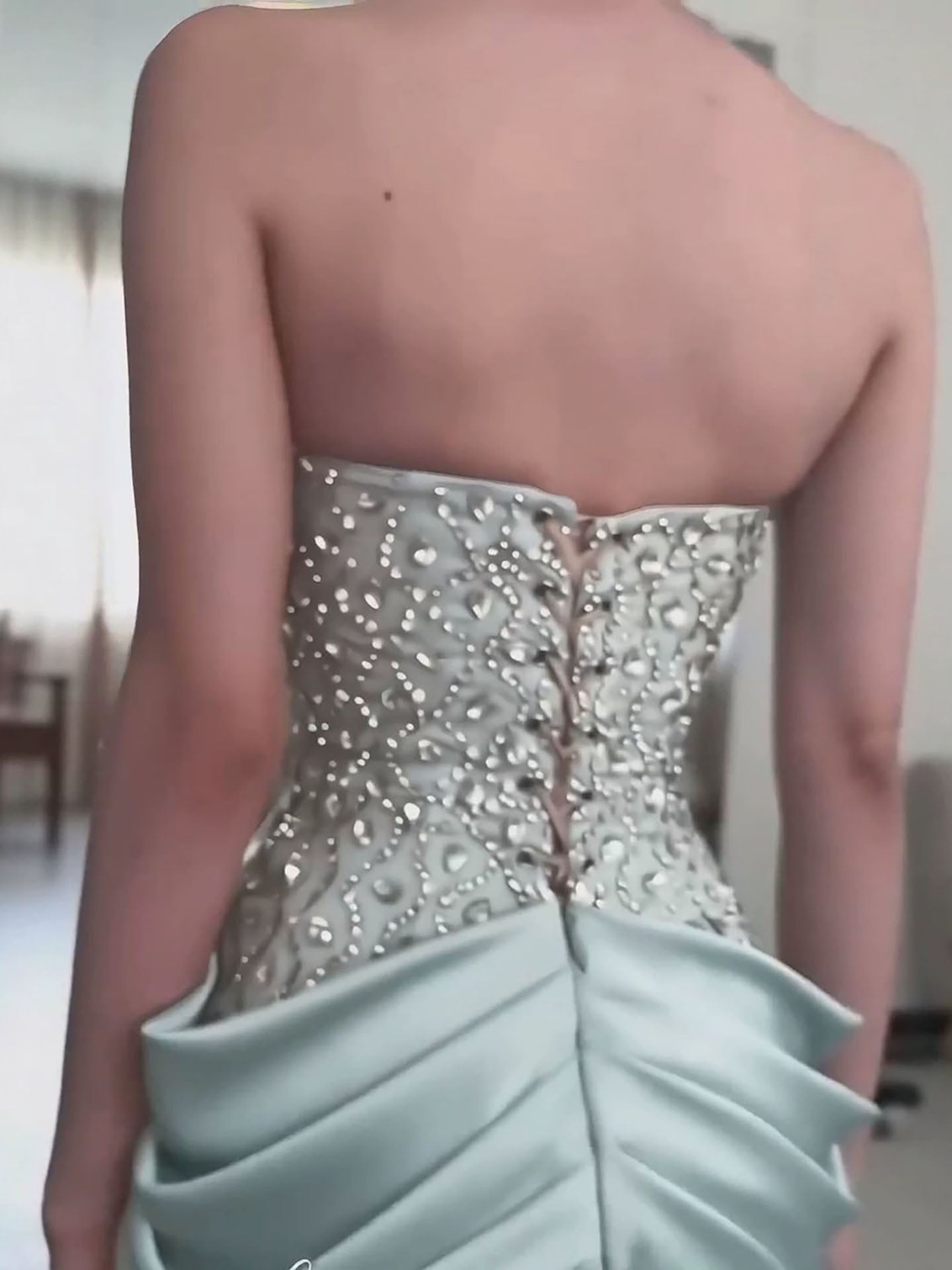Luxury Sage Green Halter Crystal Beaded High Slit Evening Dress LA73904