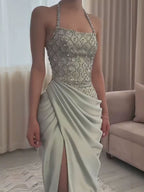 Luxury Sage Green Halter Crystal Beaded High Slit Evening Dress LA73904