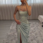 Luxury Sage Green Halter Crystal Beaded High Slit Evening Dress LA73904