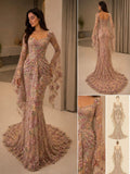 Luxury Pink Floral Embroidered Bell Sleeves Mermaid Dress LA73905