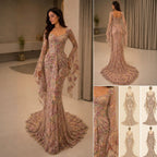 Luxury Pink Floral Embroidered Bell Sleeves Mermaid Dress LA73905