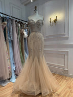 Luxury Nude Crystal Beaded Off Shoulder Mermaid Dress LA73906