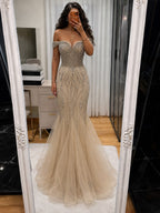Luxury Nude Crystal Beaded Off Shoulder Mermaid Dress LA73906