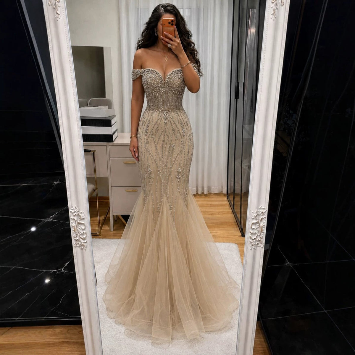 Luxury Nude Crystal Beaded Off Shoulder Mermaid Dress LA73906